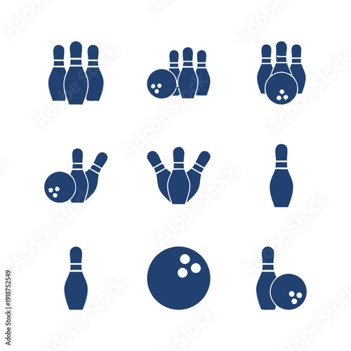 Bowling pins and ball icons in various arrangements, representing sports, recreation, and games