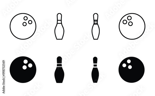 Bowling pins and ball icons, classic symbols for sport and entertainment