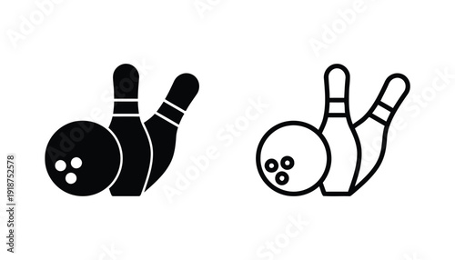 Bowling pins and ball icons, solid black and outline versions, sport symbol