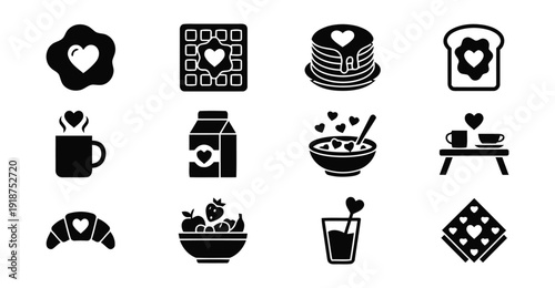 Breakfast icons with hearts, vector set of morning meal symbols representing love and happiness