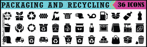 Packaging and Recycling Icon Set Collection Black, Black and white vector collection of packaging and recycling symbols for waste sorting, sustainability projects, and environmental design use.

