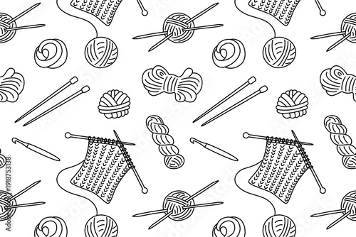Seamless pattern with knitting theme. Black and white vector illustration in flat cartoon style. Yarn balls, needles, knitted fabric pieces. Perfect for craft, hobby, handmade design projects