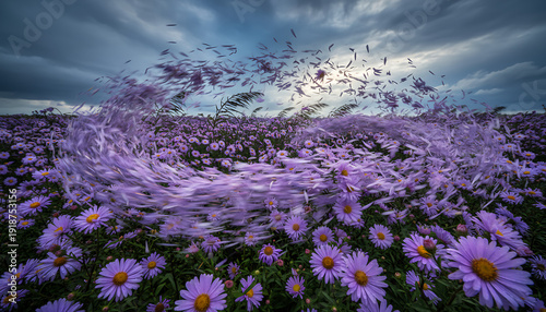 Windy field of purple flowers