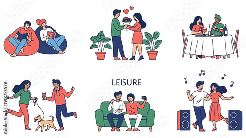 Happy Couples in Love Spending Time Together – Romantic Lifestyle and Relationship Vector Illustration Set.