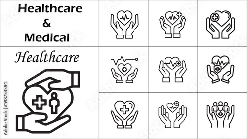 The image is a collection of different medical symbols, such as hearts and hands