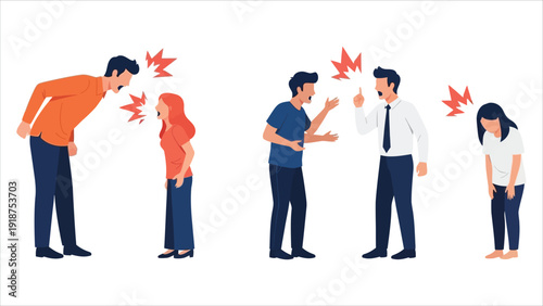 Man and Woman Arguing – Couple Conflict, Shouting and Relationship Disagreement Vector Illustration Set