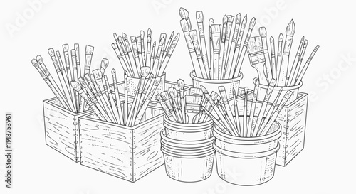 Artist Paintbrushes in Containers and Boxes.