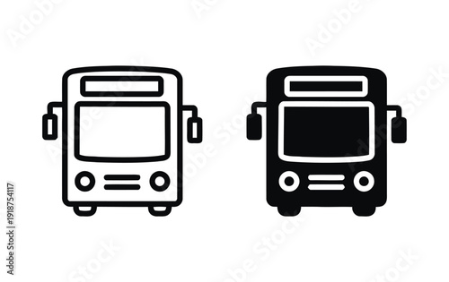 Bus icon front view line art and filled style showing windows and lights