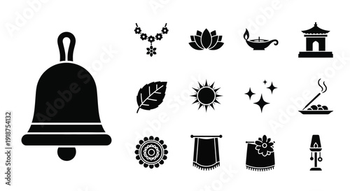 Collection of Indian cultural and religious symbols including a bell, lotus flower, incense, and a pagoda.