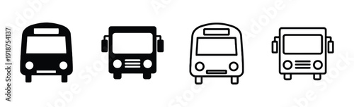 Bus icons for public transportation, solid and outline graphic elements