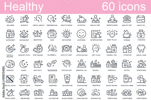 A collection of 60 minimalist line icons representing various aspects of health, wellness, and medical care, presented on a clean white background.