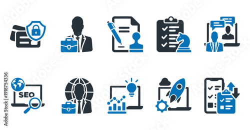 Business and finance icons for presentation, website, and infographic design on white background
