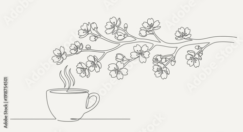 Steaming Coffee Cup with Blossoms Illustration.