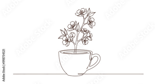 Simple Line Drawing of Flowers in Cup.