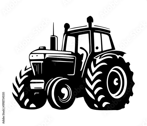 High contrast black and white agricultural tractor illustration, side profile, clean logo style
