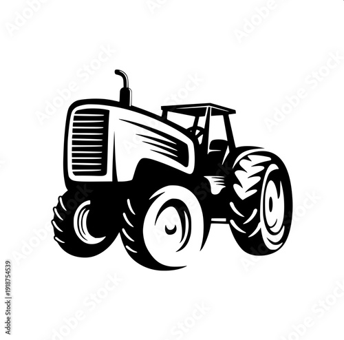 High contrast black and white agricultural tractor illustration, side profile, clean logo style