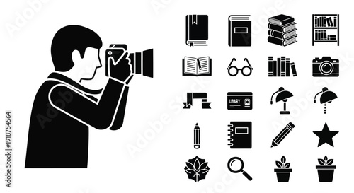 Silhouette of a photographer taking a picture, surrounded by various icons representing education, hobbies, and office supplies.