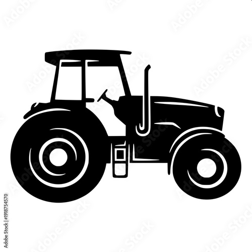 High contrast black and white agricultural tractor illustration, side profile, clean logo style