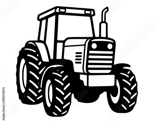 High contrast black and white agricultural tractor illustration, side profile, clean logo style