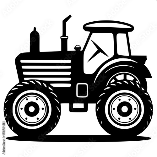 High contrast black and white agricultural tractor illustration, side profile, clean logo style