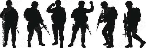 Military soldier silhouettes isolated on white background, tactical army personnel with rifles standing and saluting black outline illustration collection