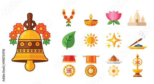 A collection of Hindu religious symbols and items used in worship and rituals, including a bell, garland, lamp, lotus, temple, leaf, sun, star, incense, and offerings.