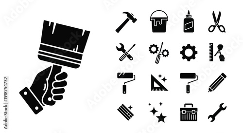 A hand holding a large paintbrush, with a collection of various tools and icons representing DIY and repair work.