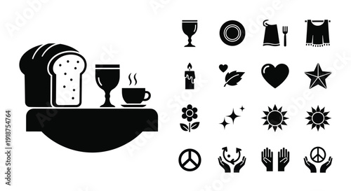 A still life composition featuring a loaf of bread, a glass of wine, and a cup of coffee, accompanied by a collection of diverse icons.