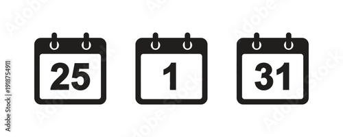 Calendar icons with numbers 25, 1, and 31 vector design