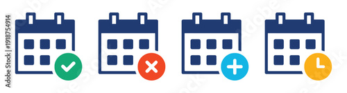 Calendar icons with status indicators for events and tasks, vector graphics