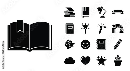 A collection of black silhouette icons representing various concepts including books, education, creativity, and emotions, presented on a white background.