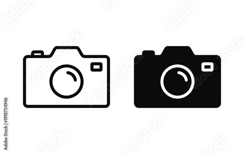 Camera icon outline and filled black versions isolated on white background