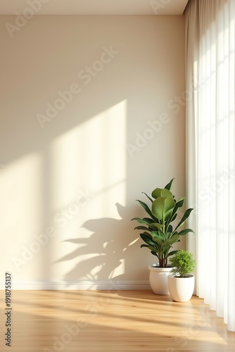 Minimalist Interior with Potted Plants and Sunlight.