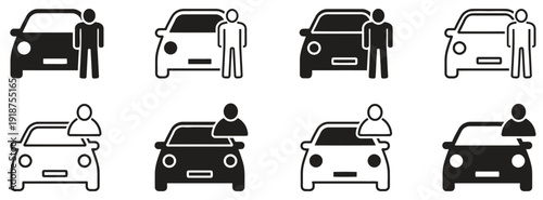 Car and person icons set, representing car sharing and transportation services vector illustration