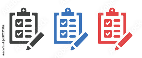 Checklist clipboard icons in black blue and red with writing pen