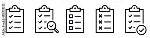 Checklist clipboard icons with different task completion statuses like checks and crosses