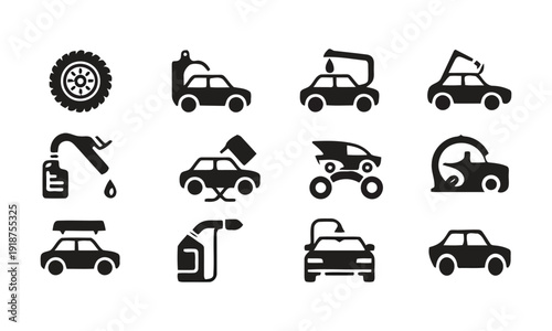 Car service and repair icons, auto maintenance, vehicle wash symbols