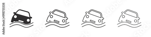 Car submerged in water icon, flood warning, driving hazard, various styles