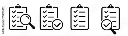 Checklist icons with magnifying glass and checkmark
