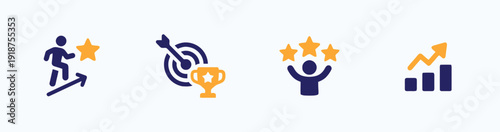 Business success and goal achievement icon set with purple and orange colors