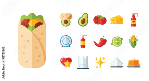 A delicious and healthy burrito is presented alongside a collection of fresh ingredients and culinary icons, suggesting a vibrant meal preparation.