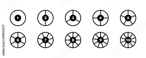 Circular icons numbered one to ten dividing into segments representing stages or parts