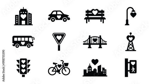 City and transportation icons with heart symbols