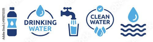Clean drinking water icons representing bottled water tap and water drop symbols