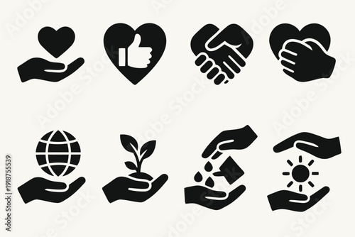 Charity and care icons showing helping hands donation and environmental protection concepts