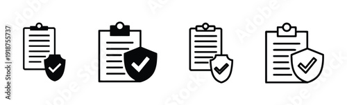 Clipboard with checkmark and shield icons, representing security and approved document