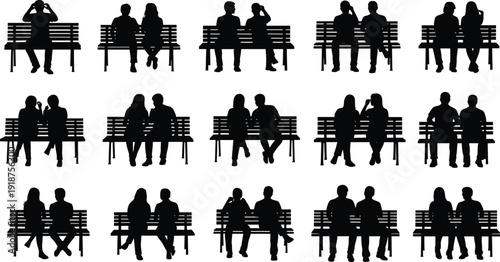 Couple silhouettes sitting on park benches set, men and women outdoor seating isolated on white background vector illustration