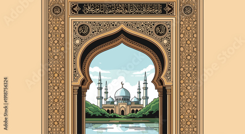 Beautiful view of white mosque with minarets through decorative golden Islamic arch frame with water reflection vector illustration.