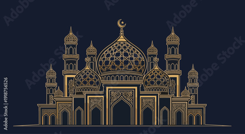 Elegant gold line art Islamic mosque illustration with intricate geometric patterns on dark blue background for Ramadan Kareem greeting card.