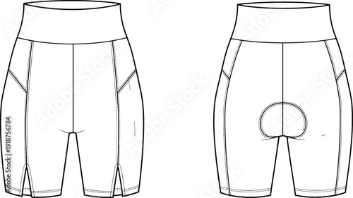 Women high waist cycling shorts technical drawing front and back view isolated on white background sportswear apparel template